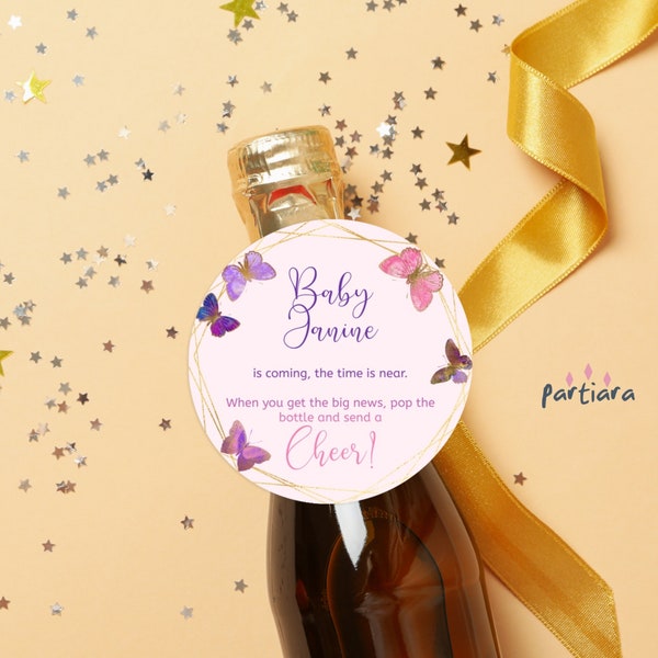 Pink Butterfly Favor Tags DIY Girl Baby Shower Wine Label Thank You Gift Tag Editable Round Square Lilac Purple Gold Birthday Party Tag P8