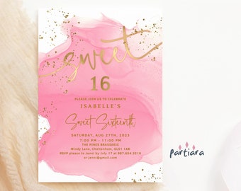 Sweet 16 Invitation Template: Pink 16th Birthday Party Invite for Girls, Printable Editable Digital Download P722