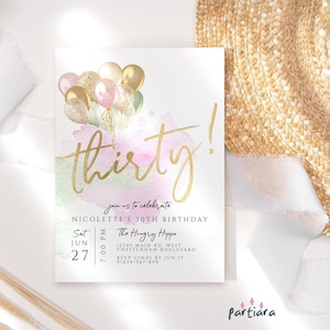 30th Birthday Invitation for Women, Ladies 30 Balloons Invite Printable, Pastel Pink Green Gold Decor, Editable Digital Download P409