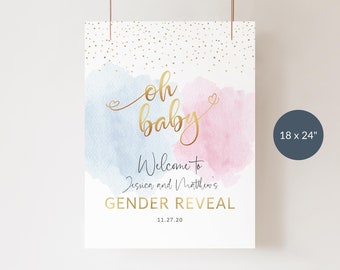 Printable Gender Reveal Welcome Sign, Baby Reveal Party Welcome Poster Board EDITABLE TEMPLATE, Smoke Blue Pink and Gold Decor Download P16