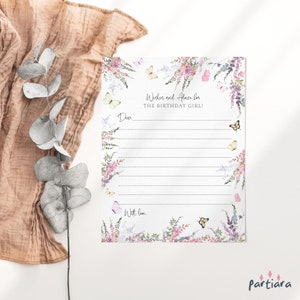 Plantilla de tarjeta con deseos y consejos de cumpleaños, recuerdo de jubilación para damas imprimible, decoración floral con mariposas y flores silvestres, descarga editable P256