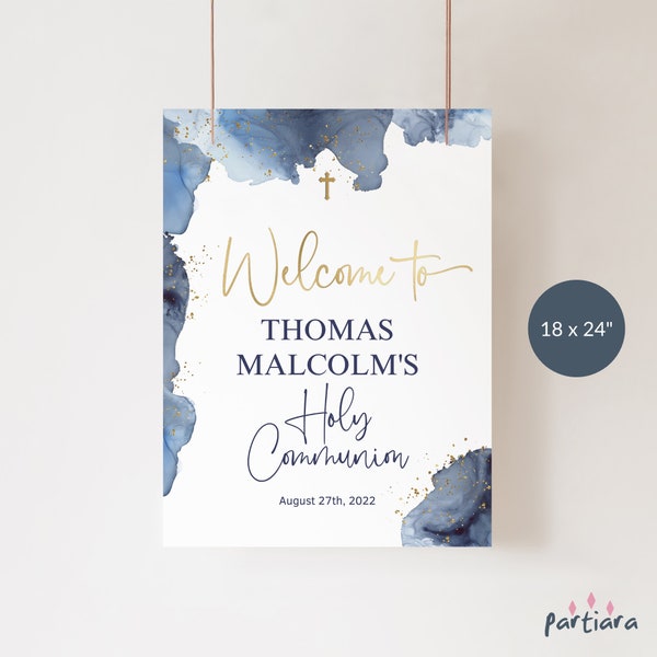 Boys Holy Communion Sign Welcome Party Poster Decor Navy Blue Gold First Holy Communion Printable Editable Digital Download Template P239