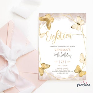 Faire-part d'anniversaire 18e anniversaire imprimable, cartes d'invitation à un dîner papillon pour femme, décor or blanc beige, modifiable P167