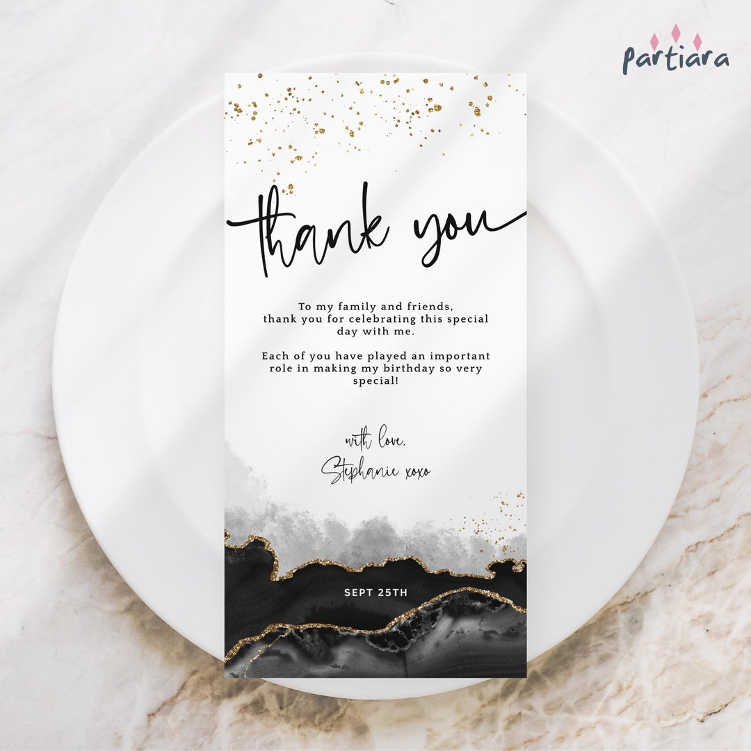 Black Gold Birthday Thank You Table Plate Decor Card Printable Men or ...