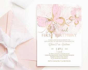 Girl Baptism 1st Birthday Invitation Printable Butterfly Theme Party Invite EDITABLE Digital Download TEMPLATE Blush Pink Rose Gold P6 P293