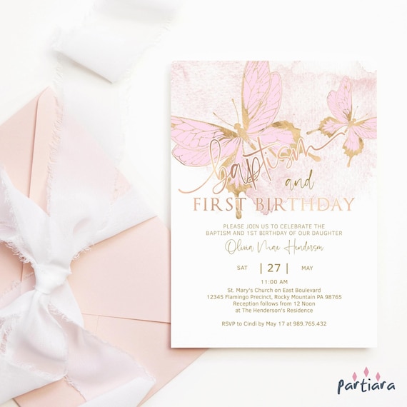 Girl Baptism 1st Birthday Invitation Printable Butterfly Theme Etsy
