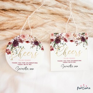 Danke Tags, Geburtstagsgeschenk Geschenkanhänger druckbar, runde und quadratische Partyetiketten mit Blumenmuster, 50er 60er 70er Jahre Geschenketikett bearbeitbare Vorlage P173