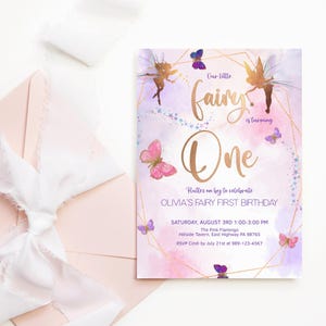 Fairy First Birthday Invitation Template, Girls 1st Butterfly Enchanted Garden Party Invite Printable, Pink Purple Decor, Editable P676