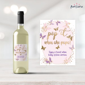 Butterfly Baby Shower Wine Label Template, Large Bottle Favors Printable, Girls Pink Purple Lilac Decor, Editable Digital Download P345