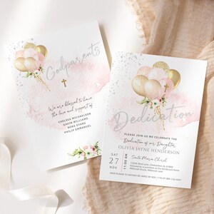 Modèle modifiable d'invitation de dédicace pour bébés filles avec les détails des parrains et marraines, ballons en or rose pastel imprimable, carte de téléchargement numérique P344