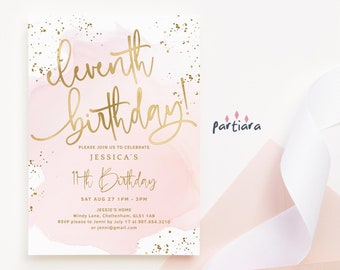 Pink 11th Birthday Invitation Template, Girls Eleventh Party Invite Printable, Editable Digital Download Card P458