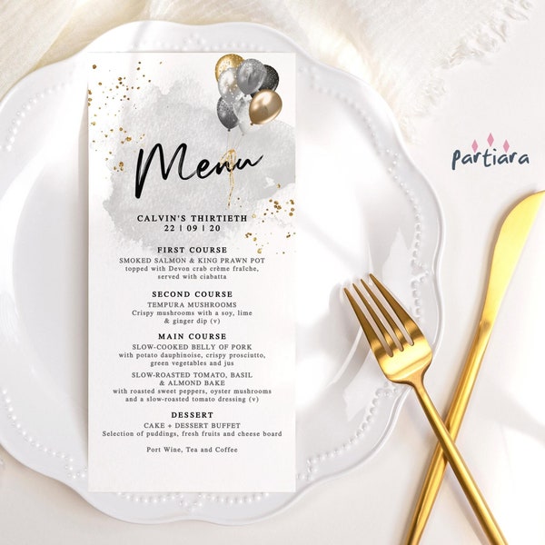 Modèle modifiable en ligne de carte de menu de célébration d'anniversaire, mariage imprimable de ballons d'or noir et de gris, menus de table de fête de baby shower