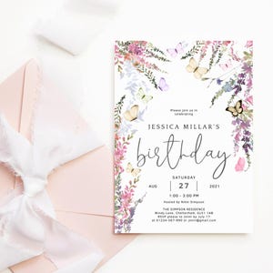 Invito di compleanno modello digitale da scaricare a farfalla, invito per festa floreale con fiori di campo per ragazze stampabile, festa in giardino per donne modificabile P256