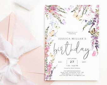 Plantilla de invitación de cumpleaños con flores silvestres: Tema de mariposas florales para niñas (Descarga digital) P256