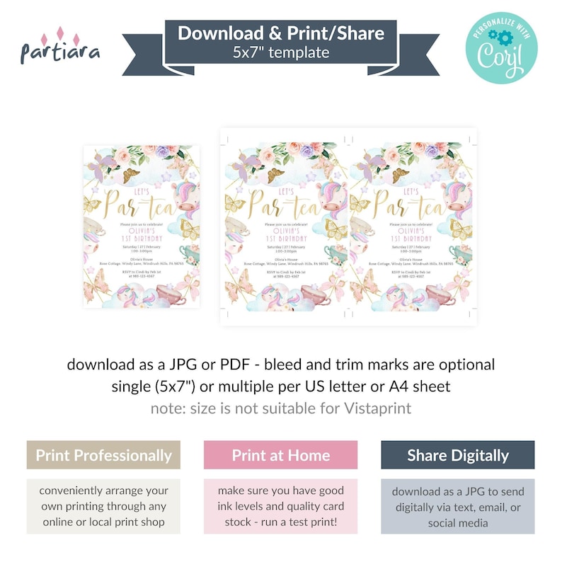 Unicorn Birthday Tea Party Invite 1st Birthday Invitation Printable Pastel Girls Floral Butterfly Theme Pink Lilac Gold Decor Editable P634 image 4