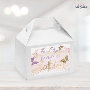 Butterflies Birthday Gable Box Label Gift Bag Labels Girl&#39;s 1st Birthday Party Favors Printable Blush Pink Lilac Purple Gold Editable P345