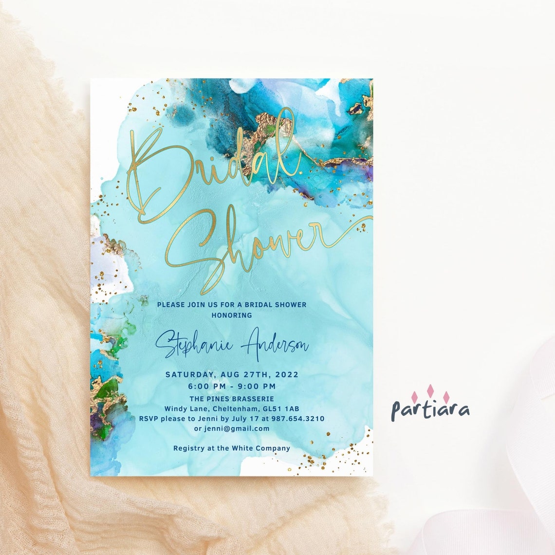 Beach Bridal Shower Party Invitation Printable Teal Blue Gold image 1