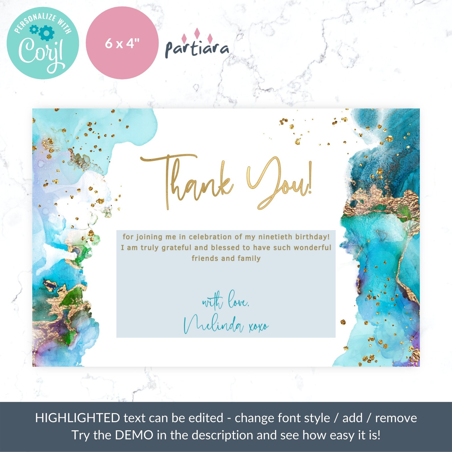 Teal Blue Gold Thank You Birthday Card Printable Men or Ladies Dinner ...