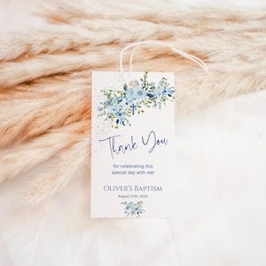 Blue Baptism Favor Tag Template, Printable Christening Gift Tags, Boys Floral Dedication Gifts Label, Editable Digital Download P694
