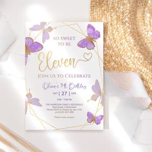 Girl 11th Birthday Invite Butterfly Template, Purple Lilac Lavender Decor Card Printable, Editable Digital Download P144