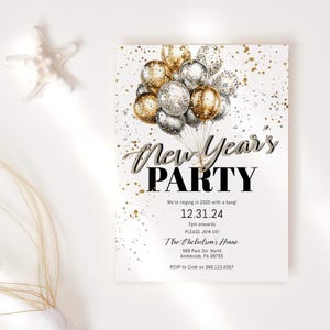 Faire-part de Saint-Sylvestre, modèle d'invitation à la fête du Nouvel An, carte numérique modifiable de NYE, déco ballons or argent noir, imprimable P880