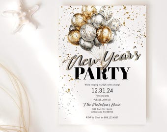 May include: A New Year's Party invitation featuring gold and silver balloons. The invitation includes the text "New Year's PARTY" and event details. A white starfish is in the upper left corner.