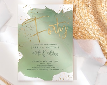 Sage 40th Birthday Invitation Template for Ladies, Dinner Drinks Party Invite Printable, Green Gold Decor, Editable Digital Download P629