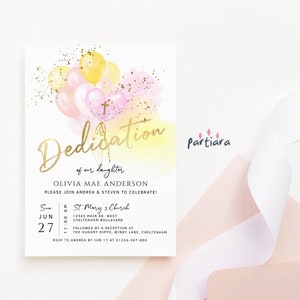 Faire-part de dédicace bébé fille, ballons de dédicace roses et jaunes, invitation à une fête, carte imprimable et modifiable en téléchargement numérique P531
