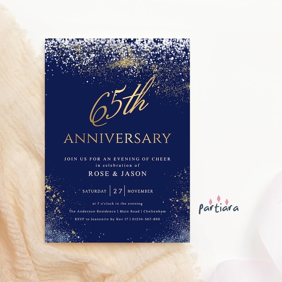 65th Anniversary Invite Printable Navy Blue Gold 65th Wedding