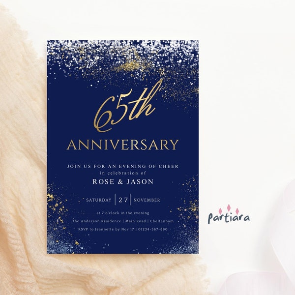 65th Anniversary Invite Printable Navy Blue Gold 65th Wedding Anniversary Dinner Party Invitation Editable Digital Download Template P698