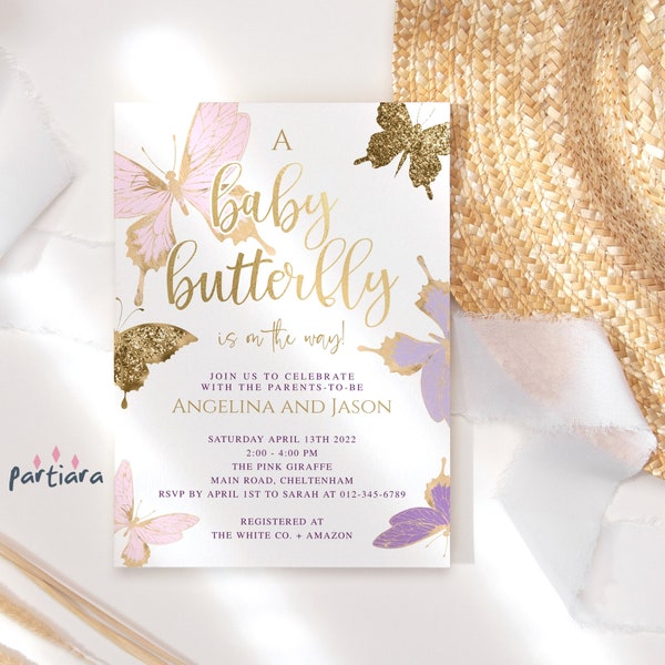 Baby Shower Invite Girl Butterflies Party Invitation DIY Instant Edit Digital Butterfly Invites Printable, Blush Pink Lilac Purple Gold P6