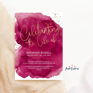 Invitation commémorative de la célébration de la vie en téléchargement numérique, Flyer funéraire rouge rubis et or imprimable, modèle modifiable P362