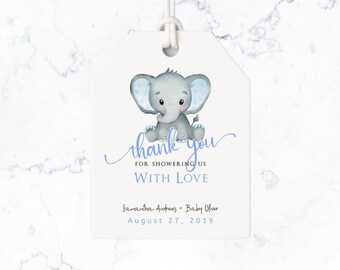 Baby olifant Tag gunst geschenken dank u Label Boy Baby douche partij Gift Tags afdrukbare blauw en goud Decor bewerkbare Download P11 P448