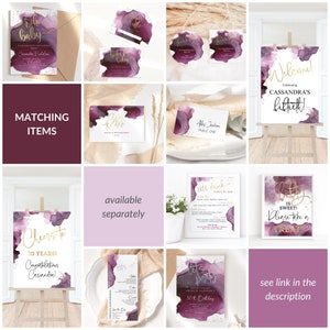 Op de afbeelding: Een verzameling feestartikelen met een aquarelontwerp in paars en goud. Items zijn onder meer uitnodigingen, welkomstborden, naambordjes en menu's. De tekst bevat zinnen als "Oh baby", "Welcome" en "Let's party".