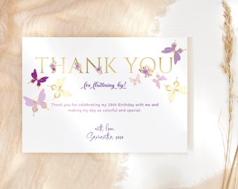 Purple Butterfly Birthday Thank You Card Printable Girl Quinceanera 16th Birthday Party Notecards Editable Baby Shower Digital Template P175