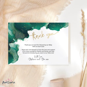 Thank You Cards Birthday Party Printable, Emerald Green Notecards, Men or Ladies White Gold Decor, Editable Digital Download Template P257