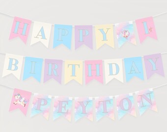 Plantilla de banderín de cumpleaños arcoíris: banderines imprimibles personalizados para fiesta de cumpleaños de niña P179