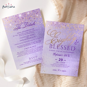 Convite roxo para 80º aniversário, convite para festa Eighty Blessed para impressão para mulheres, detalhes do programa de jantar para mulheres, modelo editável P264