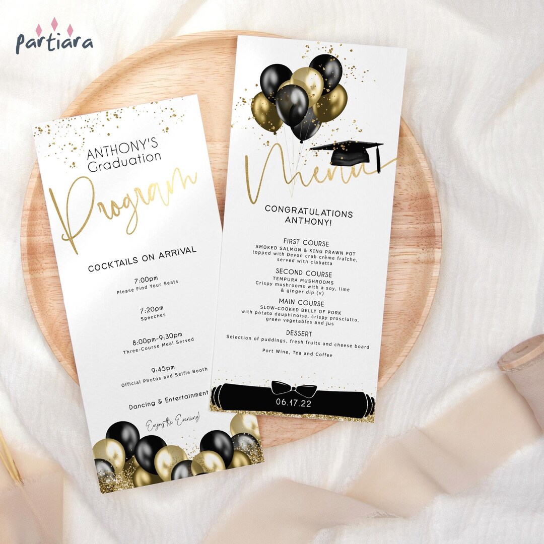 graduates-program-menu-card-template-boys-graduation-dinner-party-table-menus-printable-black-gold-balloons-decor-editable-download-p251-etsy