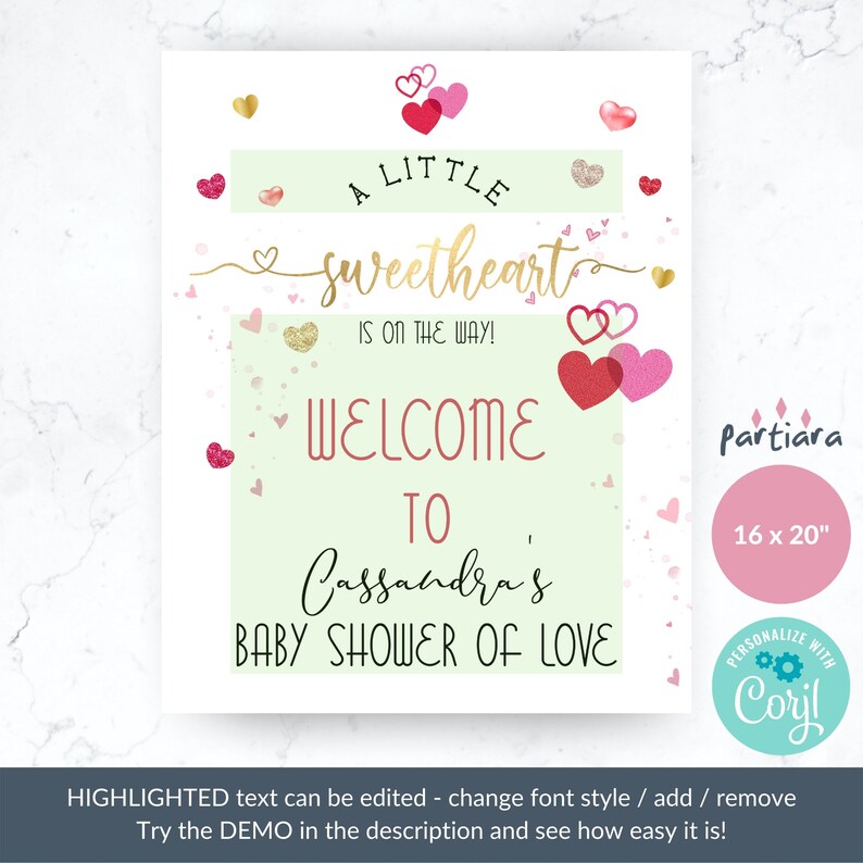 Valentines Baby Shower Sign Party Printable Decor, Girls Little