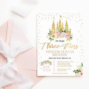 Her Royal Threeness 3rd Birthday Invitation Template: Girls Princess Pink Floral Party P137