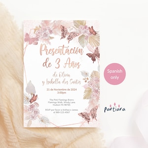 Blush Pink Butterfly 3rd Birthday Invite Girls Spanish Floral Tea Party Invitation Printable Bohemian Boho Decor Editable Download P171