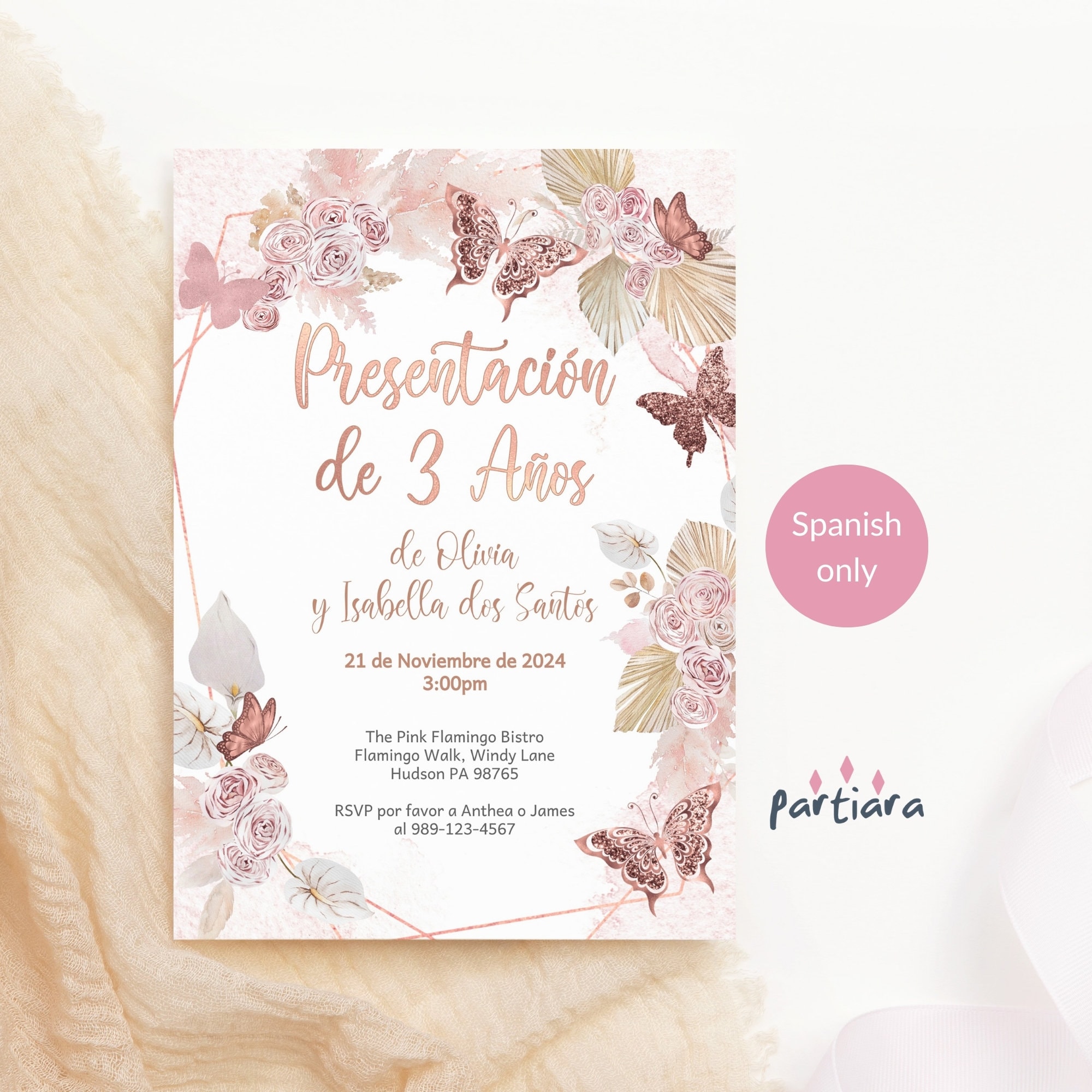 Invitación para tercer cumpleaños con diseño de mariposa rosa ruborizada  para niñas, invitación para fiesta de té con flores españolas, imprimible,  decoración bohemia, editable, descarga P171 - Etsy México, image size:2000x2000