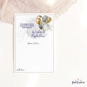 Tarjeta de deseos de jubilación, tarjeta con recuerdos de jubilación, reflexiones imprimibles de cumpleaños para hombres, decoración con globos dorados y negros, plantilla editable P251