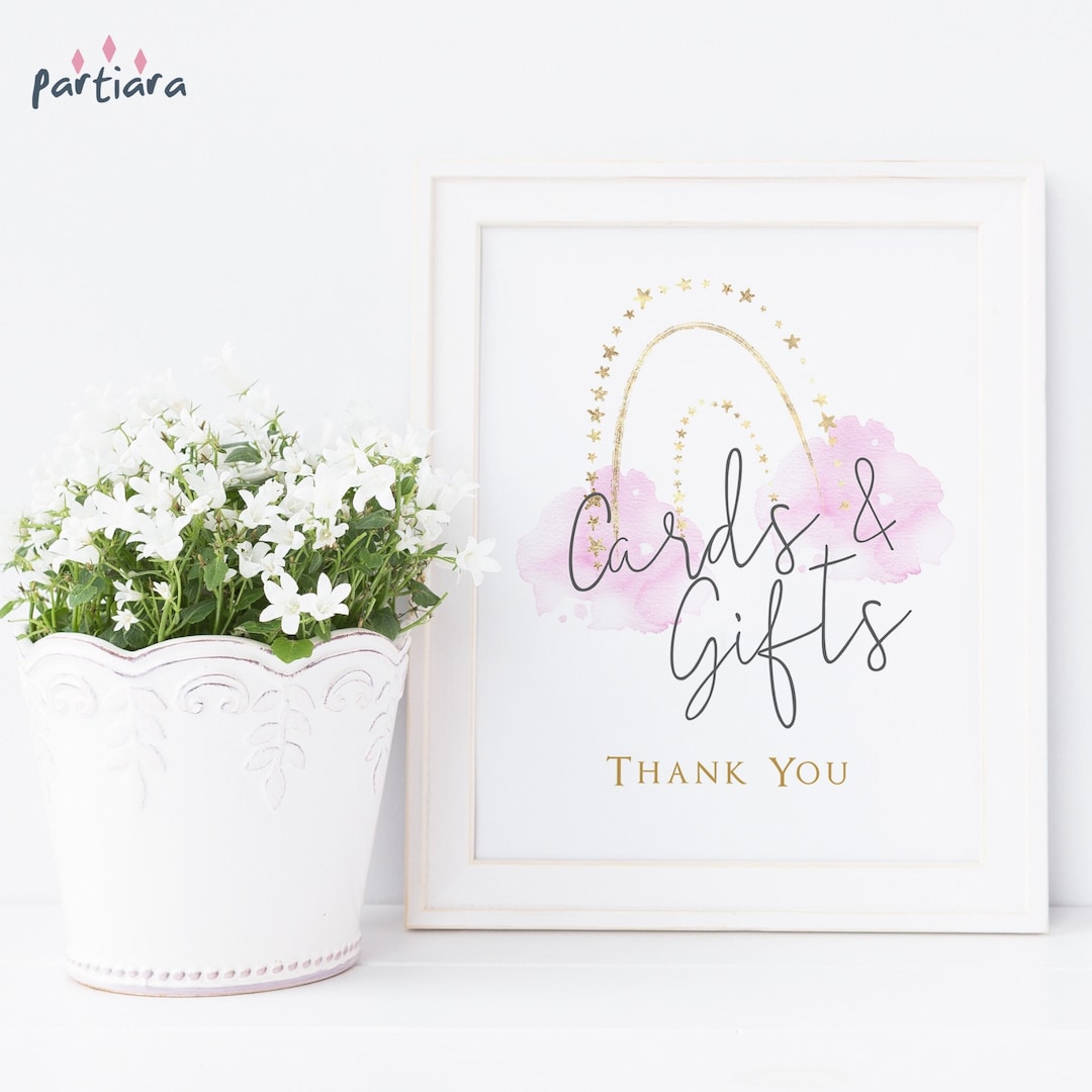 Rainbow Birthday Gift Table Sign Printable, Girls Pastel Pink Gold