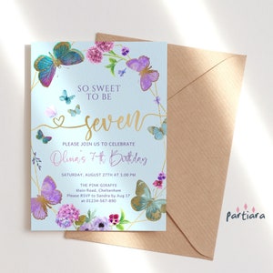 Invito per il 7° compleanno con farfalle, stampabile, per bambine, modello modificabile, invito per festa in giardino con farfalle lilla, viola e rosa, download P151