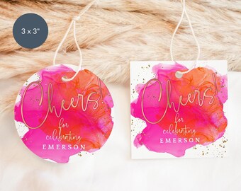 Wine Favor Tags, Mini Champagne Favors Gift Label Printable, Hot Pink Orange Birthday Party Cheers Decor, Editable Template P200