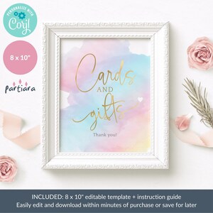 Pu&ograve; includere: Un cartello stampabile di 20,3 x 25,4 cm con uno sfondo ad acquerello in tonalit&agrave; di rosa, blu e giallo. Il testo "Cartoline e Regali" &egrave; scritto in corsivo dorato. Il cartello dice "Grazie!" in basso.
