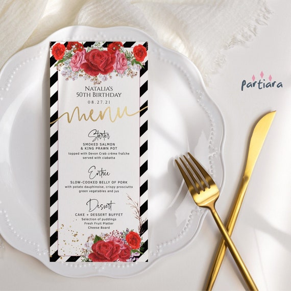 Anniversary Party Menus Printable Ladies Birthday Dinner Menu - Etsy