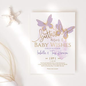 Lilac Butterfly Kisses Baby Wishes Girl Baby Shower Party Invitation Editable Instant Download Template Purple Gold Decor P6 P438